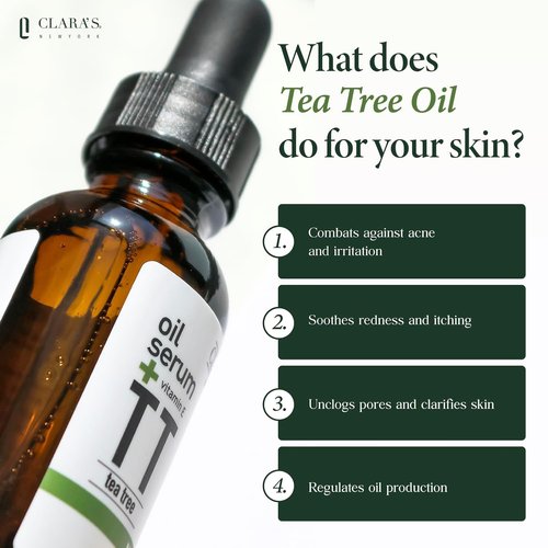 Clara's New York Tea Tree & Vitamin E Facial Oil Serum - Lightweight Hydration & Calming for All Skin Types - 30ml / 1 Fl Oz