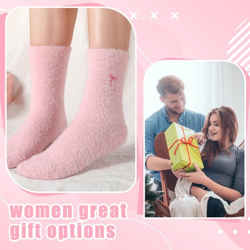 Geyoga 5 Pairs Fuzzy Socks for Women Valentines Day Cozy Gift Soft Spa Slipper Sock Coquette Stuff Fluffy Thick Home Sleeping(Pink,Bow)