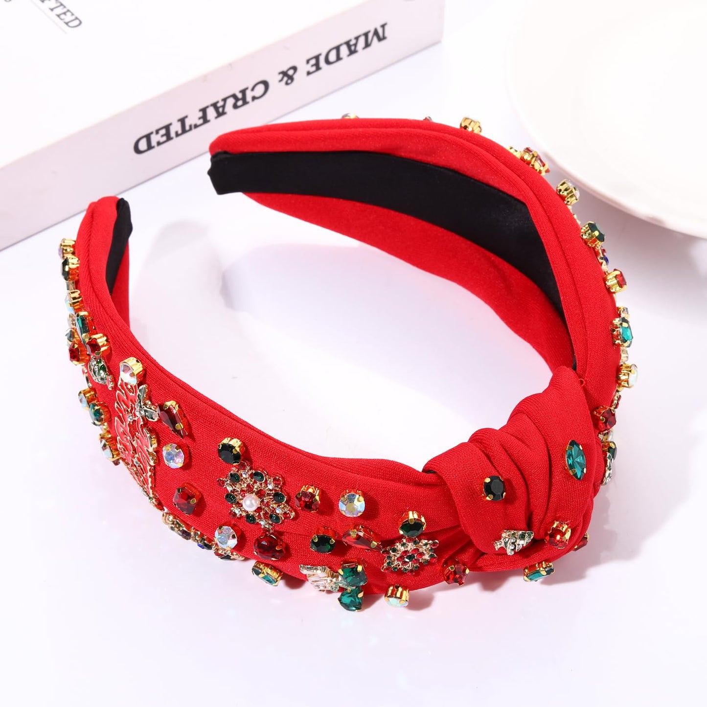 Christmas Holiday Headband for Women Christmas Accessories Reindeer Snowflake Candy Cane Knotted Headband Red Green Beaded Rhinestone Pearl Wide Top Knot Headband Xmas Plaid Hairband (Merry Christmas)