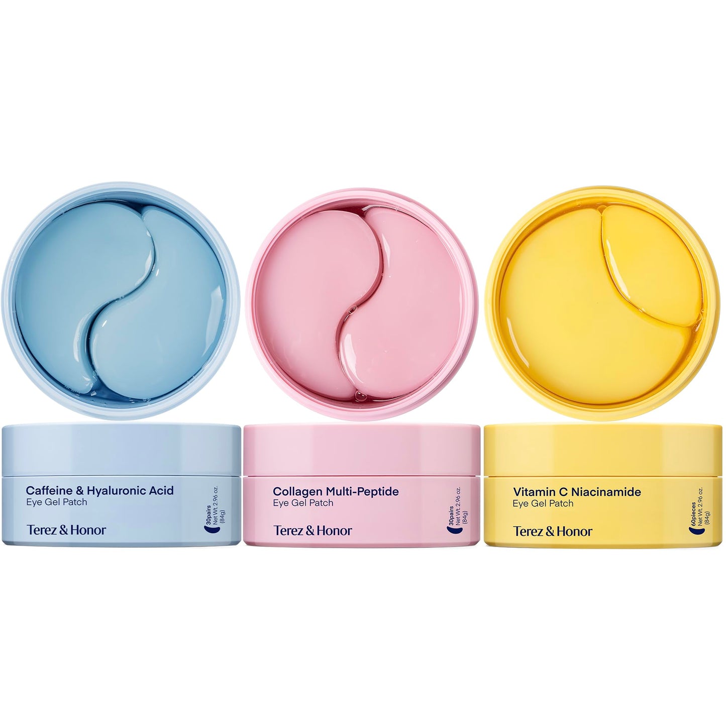 Terez & Honor Under Eye Patches for Dark Circles - 60 Korean Hydrogel Masks for Puffiness, Bags, Wrinkle with Caffeine, Hyaluronic Acid, Niacinamide - Undereye Hydrating & Cooling, Vegan, No Fragrance