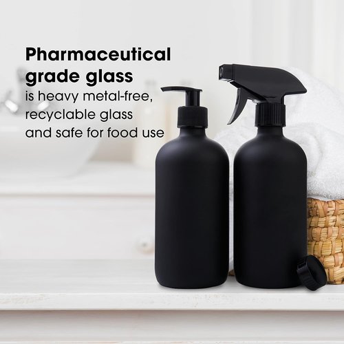 Boston Round Glass Bottles - 16oz Reusable Spray Bottle & Soap Dispenser Set of 2
