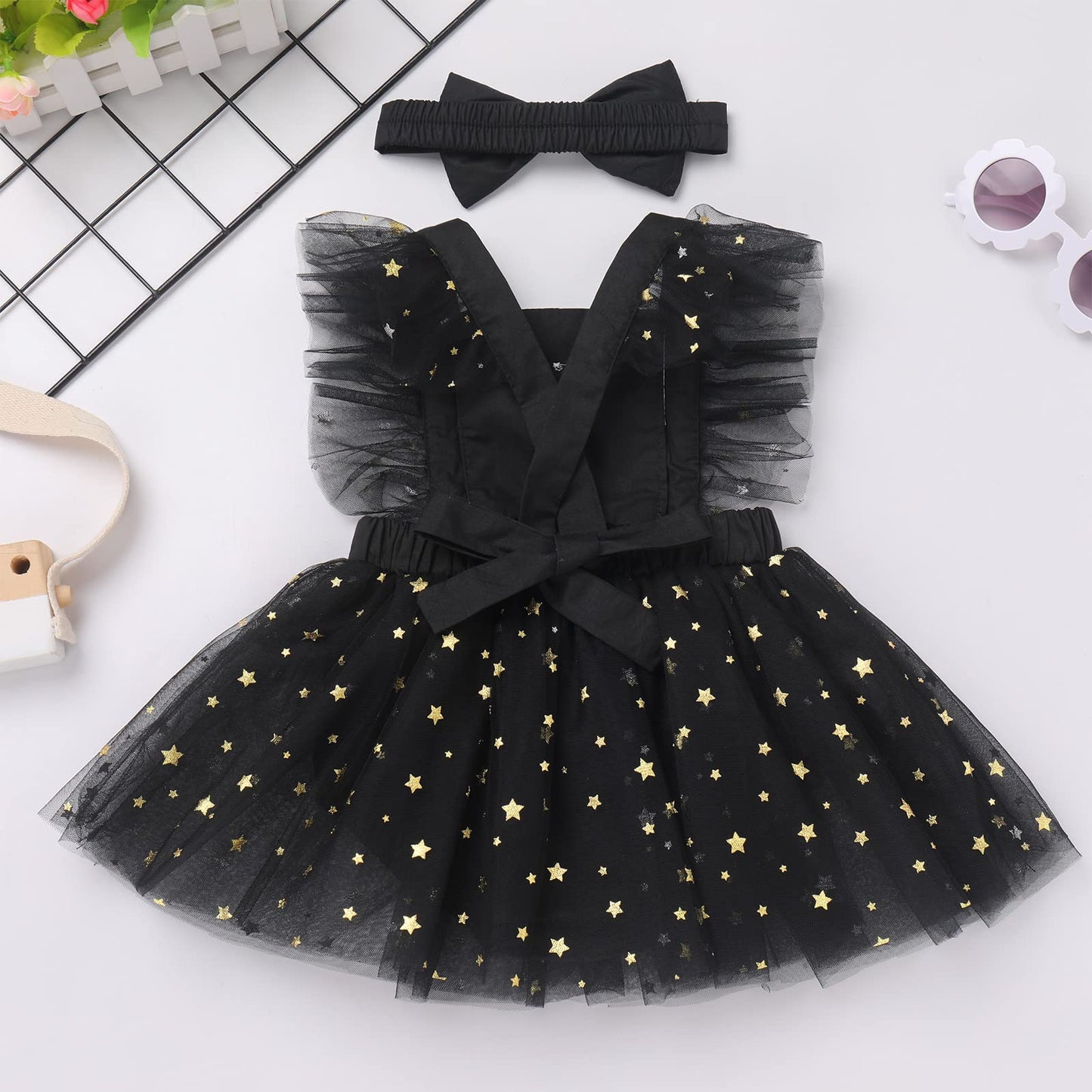 Infant Baby Girl Romper First Birthday Dress Cake Smash Outfits Toddler Cartoon Halloween Cosplay Costume Easter Baptism Christening Onesie Wedding Christmas Outfits Black Star (2PCS) 18-24 Months