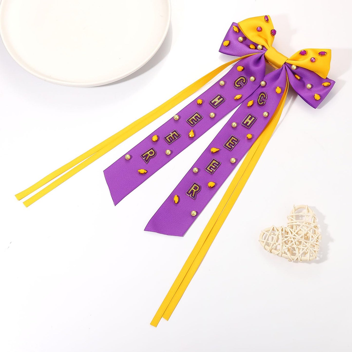 NLCAC Game Day Hair Bows for Women Beaded Football Hair Bow Clip Silky Satin Bow Hair Barrette Accessories(Purple Yellow Cheer)