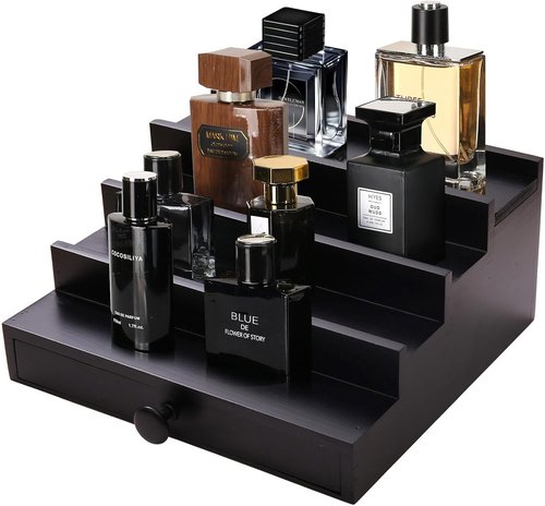 Regine Switzerland Cologne Organizer - 4-Tier Wooden Perfume Display Stand with Drawer & Hidden Compartment