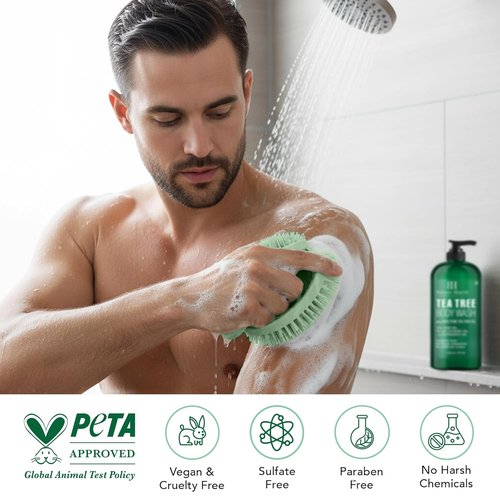 Botanic Hearth Tea Tree Body Wash - Infused with 100% Pure Tea Tree Oil & Coconut | Includes Dual-Sided Brush | 16 fl oz