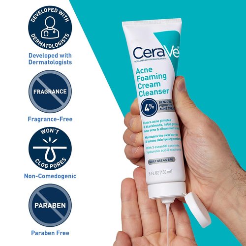 CeraVe Acne Foaming Cream Cleanser - 4% Benzoyl Peroxide Face Wash with Hyaluronic Acid & Niacinamide