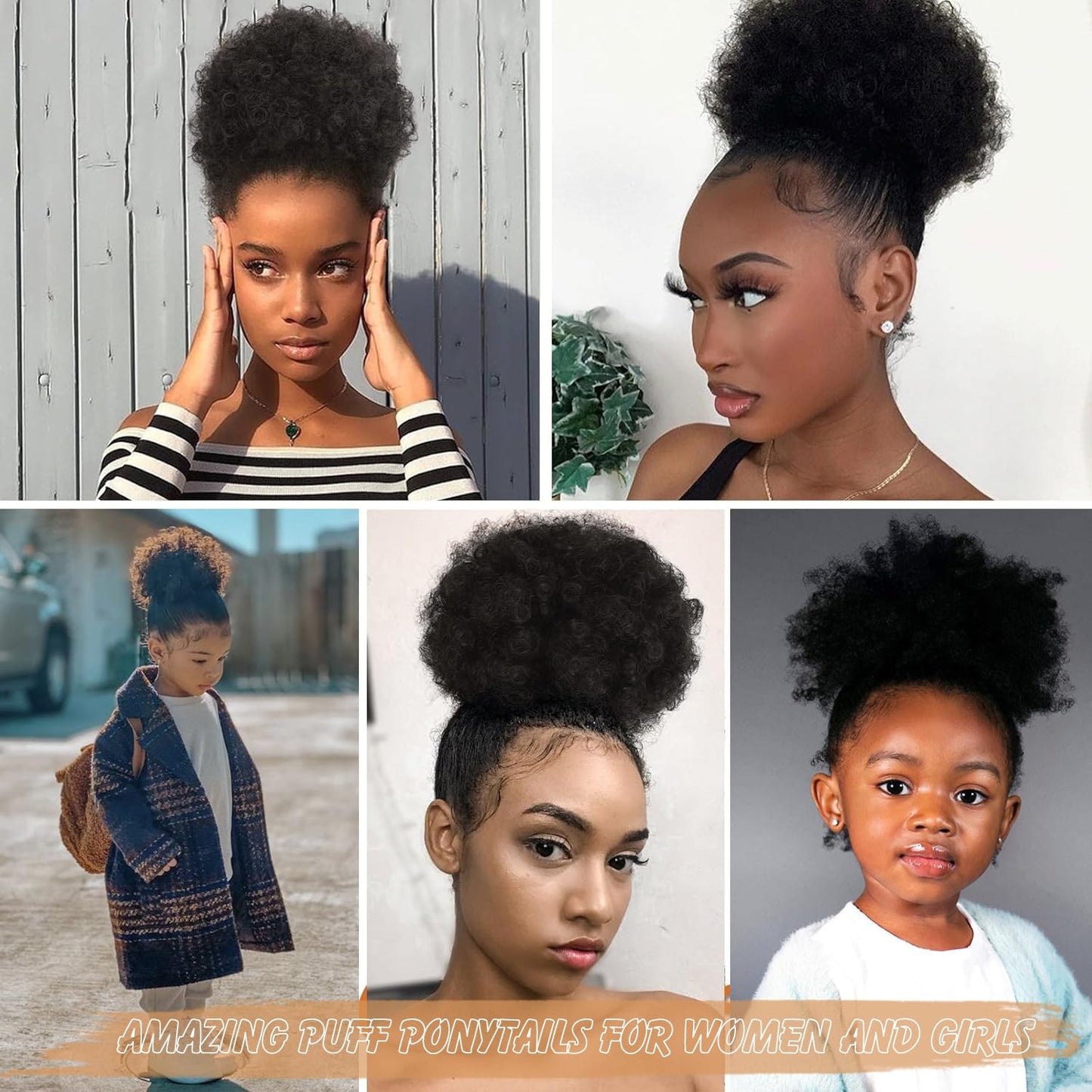 AISI QUEENS Natural Black Puff Ponytail for Women And Kids, Synthetic Curly Hair Ponytail African American Short Afro Puff Ponytail Hair Extensions Wig with 2 Clips(1B#)