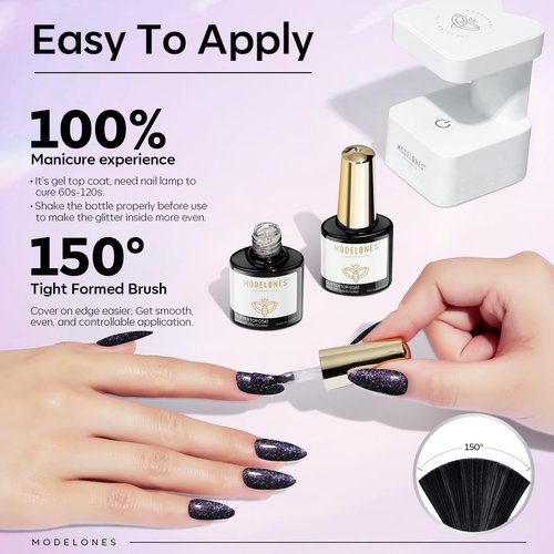 modelones Glitter Gel Nail Polish Top Coat, Rainbow Confetti Gel Top Coat with Scattered Sparkle Shimmer Sequins, Soak Off Long Lasting High Glossy Finish Home Salon DIY Manicure Nail Art