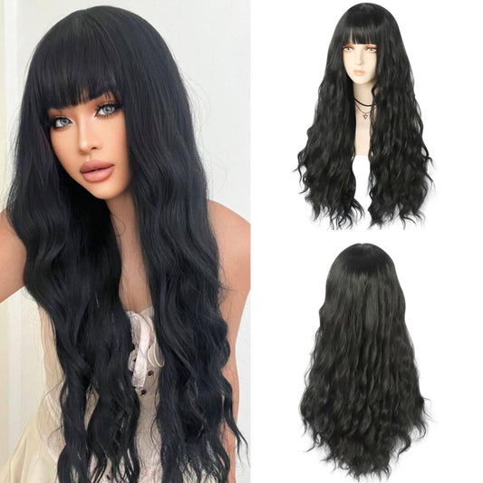 IMEYLE Wig Black Cosplay Wig Long Black Wig With Bangs for Women Wavy Wig Heat Resistant Synthetic Wig for Halloween Costume Party + Wig Cap