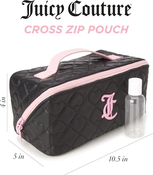 Juicy Couture Black Makeup Bag - Quilted Faux Leather Cosmetics Organizer for Travel Essentials