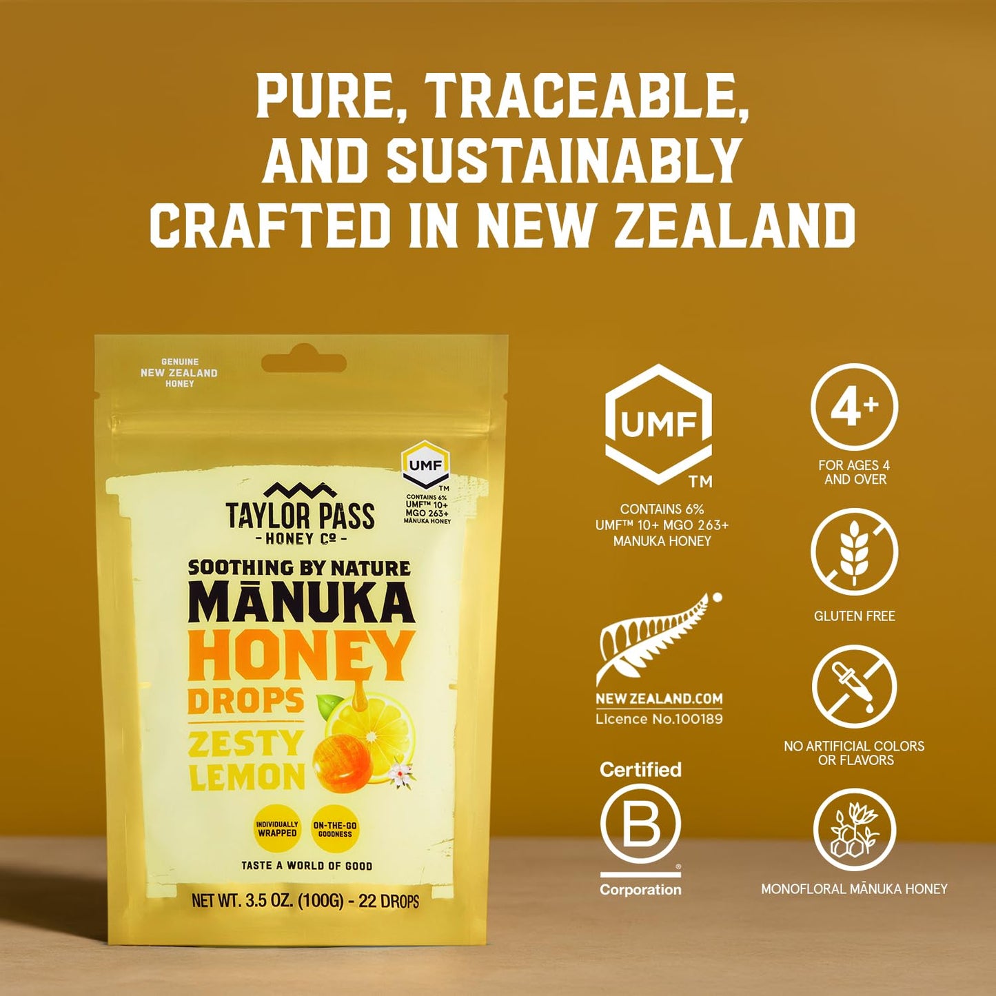 Taylor Pass Honey Co Mānuka Honey Drops UMF™ 10+ - Zesty Lemon Lozenges | Soothing Natural Relief | 22 Individually Wrapped Drops