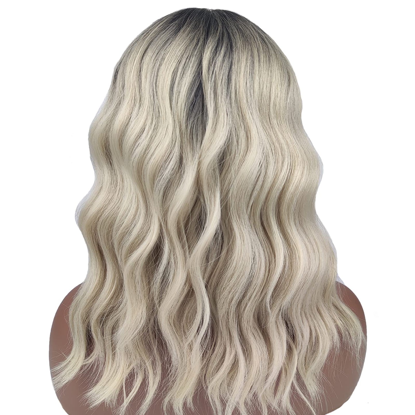 PLEASBELIE Ombre Blonde Natural Wavy Short Wig With Bangs Looking Black to Blonde Bob Full Hair Replacement Wig for Women Daily Shoulder Length Curly Synthetic Wigs