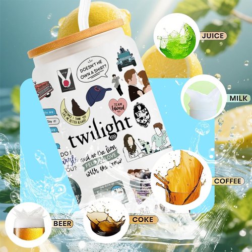 LONGXIN Twilight Vampire Lover Iced Coffee Cup - 16 oz Glass with Lid & Straw | Perfect Gift for Movie Fans