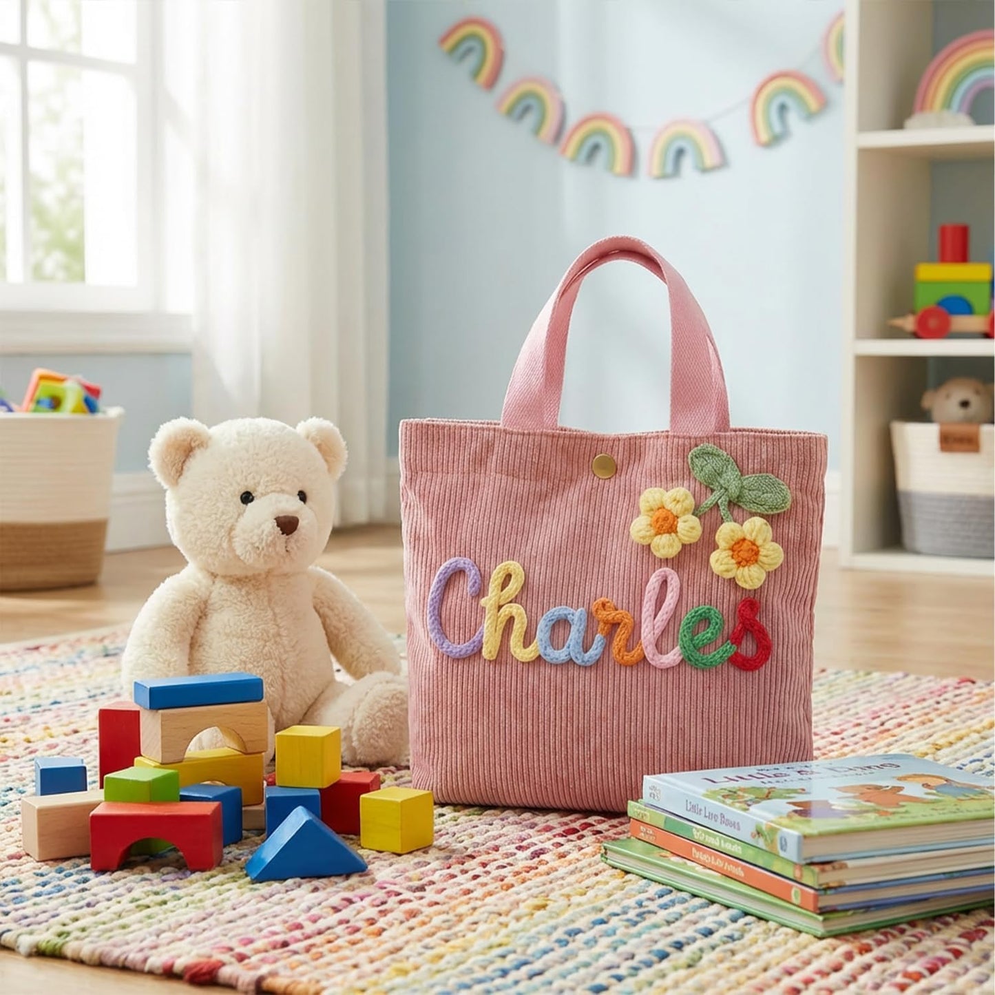 Skiennix Personalized Corduroy Tote Bag - Custom Name & 3D Crochet Flower Design | Perfect Birthday Gift for Girls