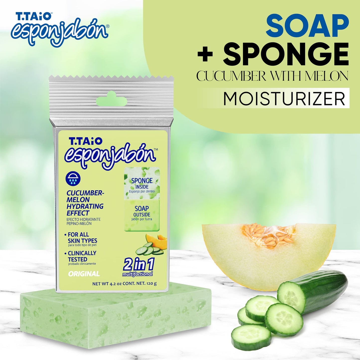 T.Taio Esponjabon Soap Sponge - Cleansing Shower Scrubber - Cleaning Bath Wash Scrub - Oil Removal - Massage & Lather Foot, Elbow, & Face - Bathroom Accessories - Cucumber & Melon Soap