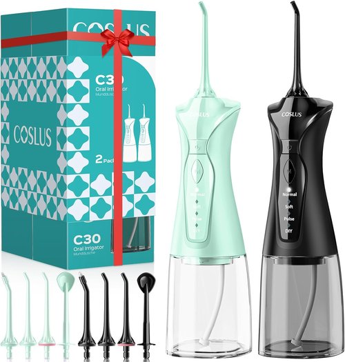 COSLUS Water Flosser - 2-Pack C30 Dental Pick Set with 3 Modes & 8 DIY Levels for Sensitive Gums | Black & Green