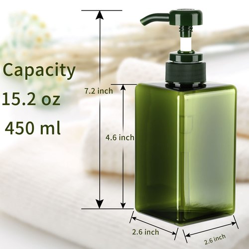 450ml (15.2oz) Pump Bottle Dispenser Jansburg 2Pack Refillable Square Plastic Lotion Dispenser Empty Lotion Pump Bottle for Essential Oil Soap Lotion Shampoo, Bathroom/Kitchen/Travel Green