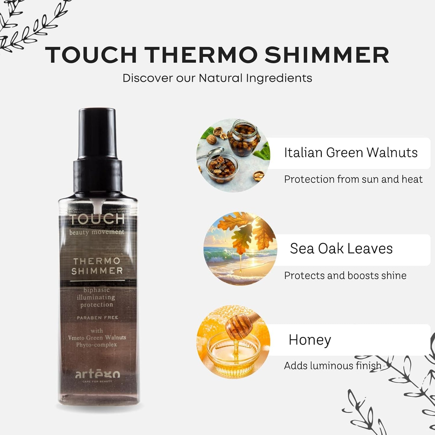 Artègo TOUCH Thermo Shimmer Spray - 5.1 oz Biphasic Heat Protection & Shine for Smooth, Glossy Hair