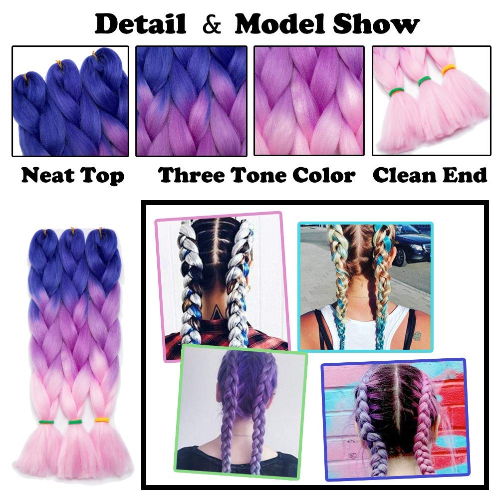 S-noilite 24" Ombre Jumbo Braiding Hair Extensions Long Jumbo Crochet Braids 3 Tone Jumbo Braiding Hair Extensions High Temperature Pre Stretched Colorful Braids (1 Bundle, Sky Blue Mix Light Purple)