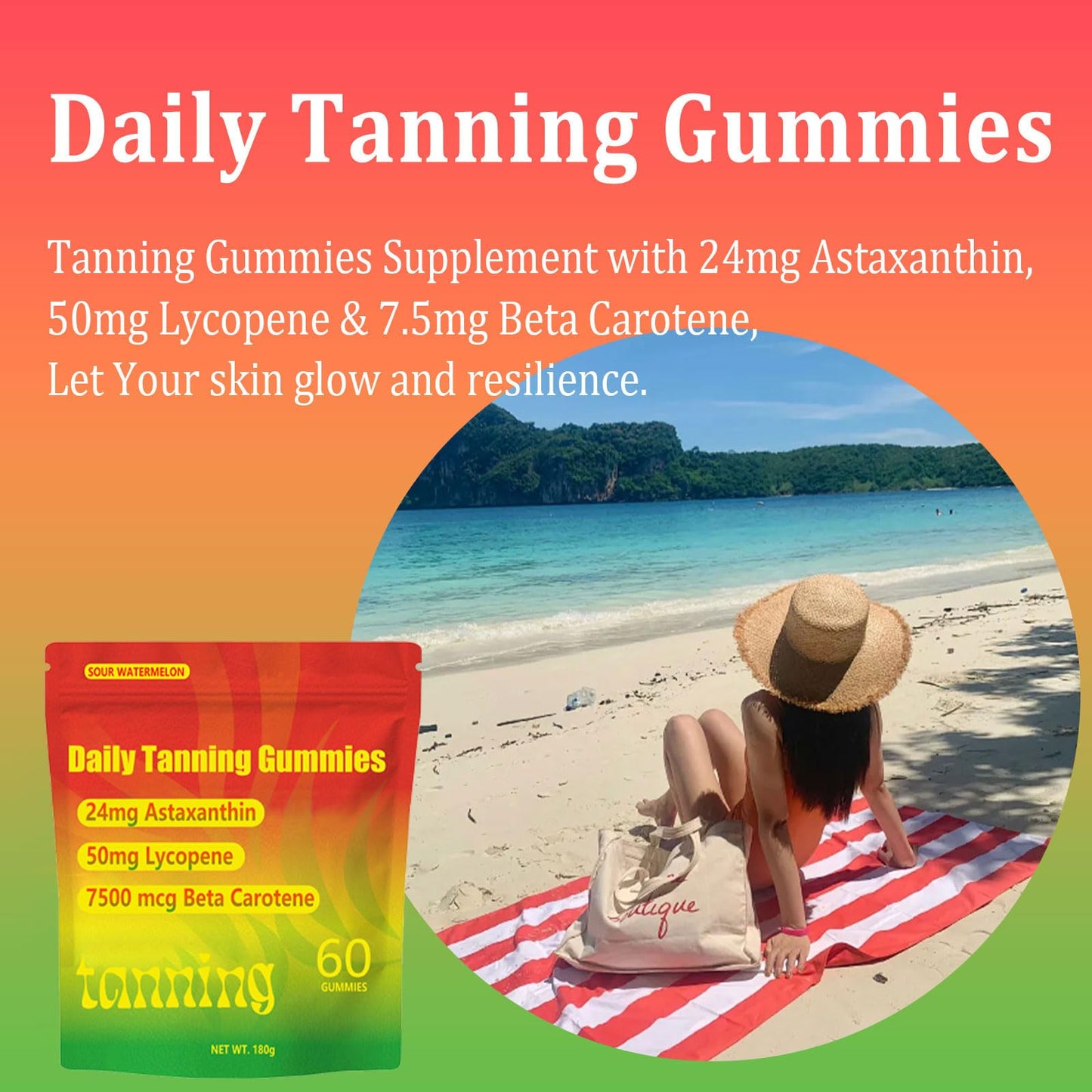 Tanning Gummies, Daily Tanning Gummies with Astaxanthin, Lycopene & Beta Carotene for Skin Health & Glow, Vegan, Non-GMO, 60 Count