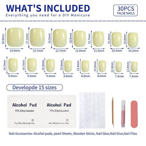 Stbisen Cream Yellow Press On Nails Short, Glossy Soft Gel Press On Nails Square with Nail Glue, 15 Sizes - 30 Fake Nails Kit, Thick Natural Reusable Glue On Nails for Women, Butter Bliss