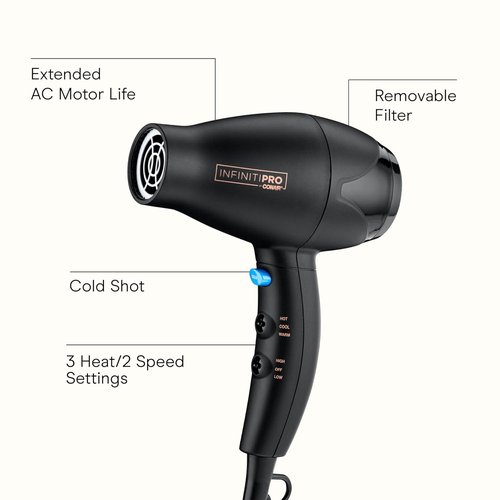 INFINITI PRO CONAIR Travel Hair Dryer - 1600W Compact Blow Dryer with Concentrator Attachment | Lightweight & Fast Drying, Black