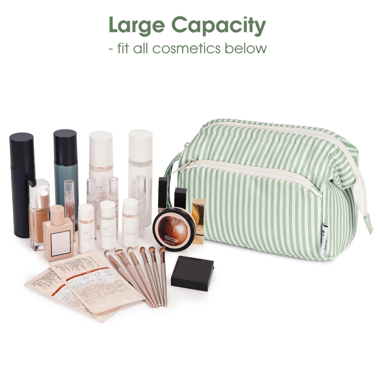 Narwey Striped Makeup Bag Women Wide-open Make up Bag Travel Cosmetic Bag Organizer Toiletry Bag for Cosmetics Toiletries Accessories (Mint Green Stripe)