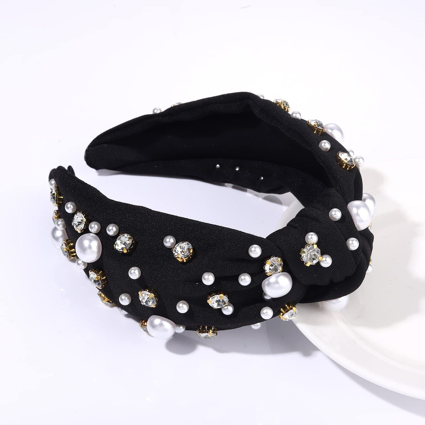 GLBCC Pearl Headband Sparkly Rhinestone Pearls Knot Hairband Wide Knotted Headband Headpiece Spring Summer Pink Black Headbands Headwear Accessories (black knot hairband)