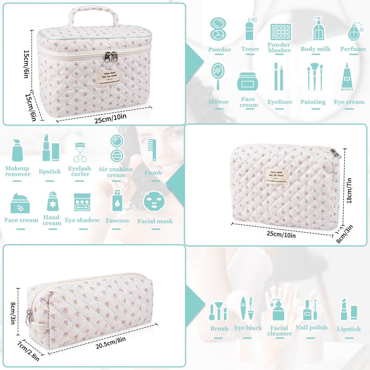 Makeup Bag Set, Quilted Makeup Bag, Large Floral Cosmetic Bag for Women, Cute Cotton Makeup Bag, Flower Travel Toiletry Organizer Bag (Flower)