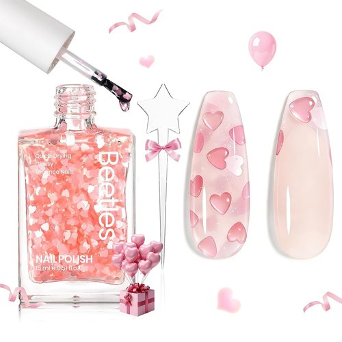 Beetles Easter Nail Polish - Pink Heart Glitter Top Coat | 15ml Long-Lasting Quick Dry Spring Art