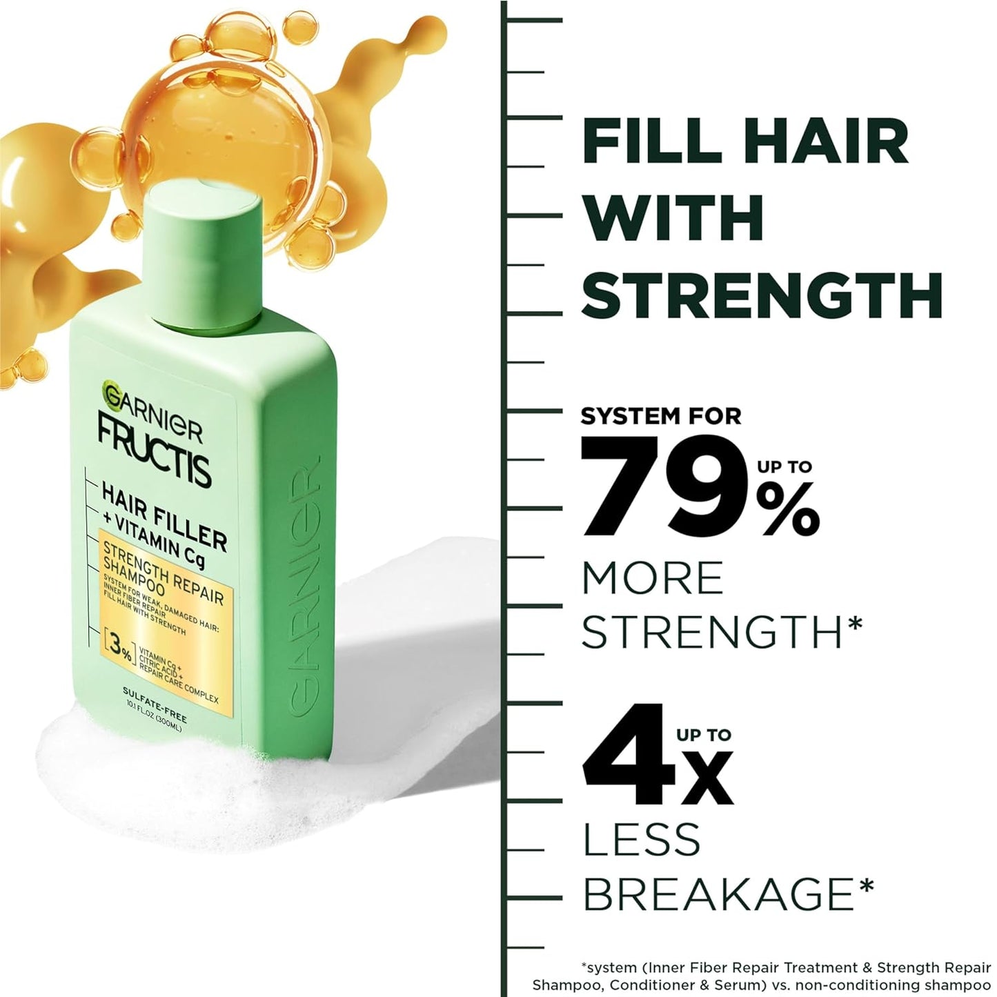 Garnier Fructis Hair Filler Shampoo - Strength Repair with Vitamin Cg | Sulfate-Free, 10.1 Fl Oz