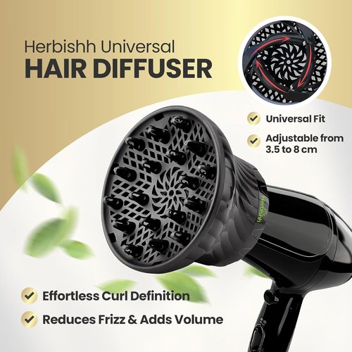 Herbishh Hair Dryer Diffuser - Universal Attachment for Curly & Wavy Hair, Reduces Frizz & Adds Volume, Adjustable 3.5 to 8 cm (Black)