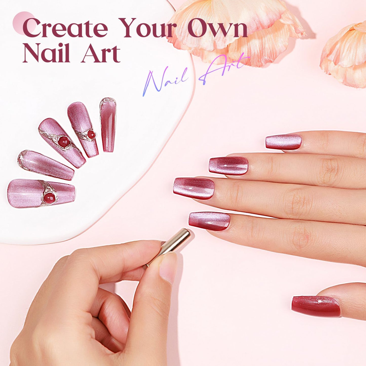 MIZHSE Cat Eye Gel Nail Polish: Red Magnetic Gel Polish with Magnet Stick, Maillard Style Magic Effect Galaxy Shimmer Glitter Holographic Nail Gel Soak Off Nail Art Salon Manicure Home