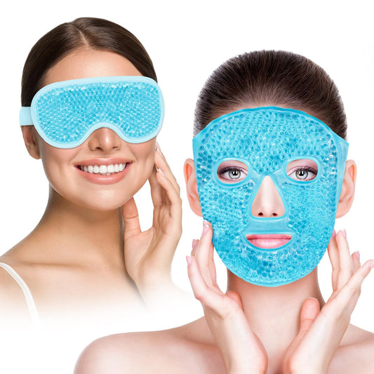 Cooling Eye Mask and Ice Face Mask Set for Reducing Puffiness, Bags Under The Eyes, Sinus, Redness, Pain Relief, Dark Circles, Migraine, and Hot Cold Use Reusable with Super Soft Lining (Blue Set)