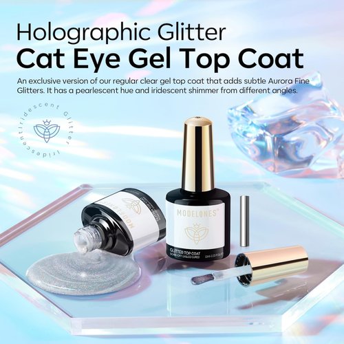 modelones Rainbow Cat Eye Gel Nail Polish Top Coat, 2-in-one 9D Glitter Clear Gel Polish with Magnet Stick Holographic Glossy Finish Long Lasting Soak Off Manicure Home Salon Nail Art 10 ML