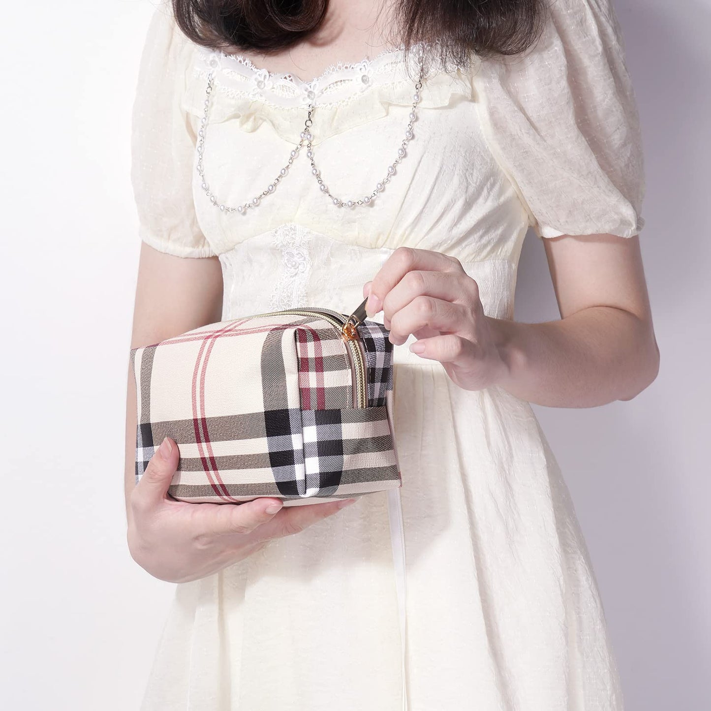 MAANGE Small Makeup Bag for Purse, 2 PCS Cosmetic Bag for Women Travel Makeup Pouch Leather Make up Bag Portable Zipper Pouch Brushes Bag - khaki plaid