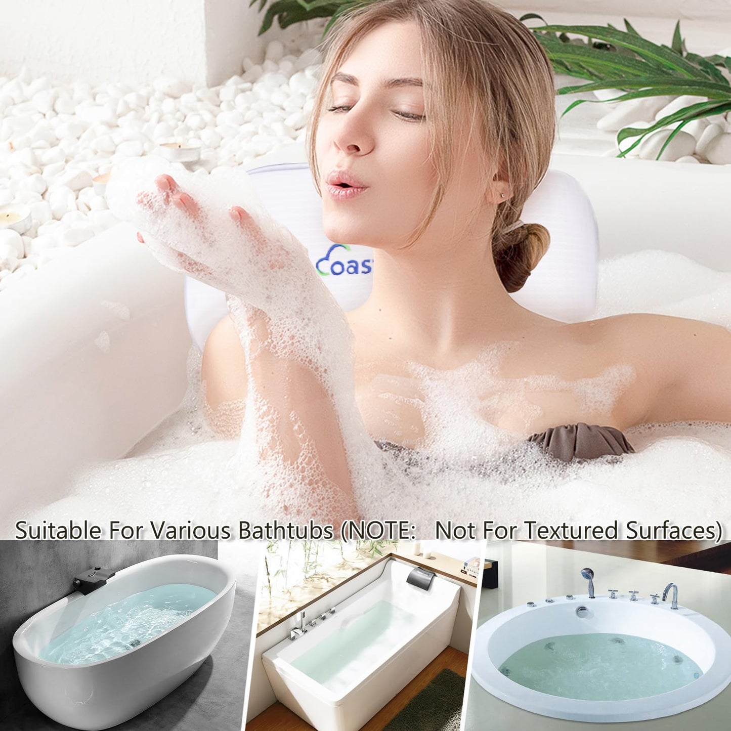 Full Body Bath Pillow, Bathtub Mattress Luxury Cushion with Large Suction Cups, Comfort Support Your Head, Neck, Shoulder, Back and Tailbone, Relax & Quick Drying, White