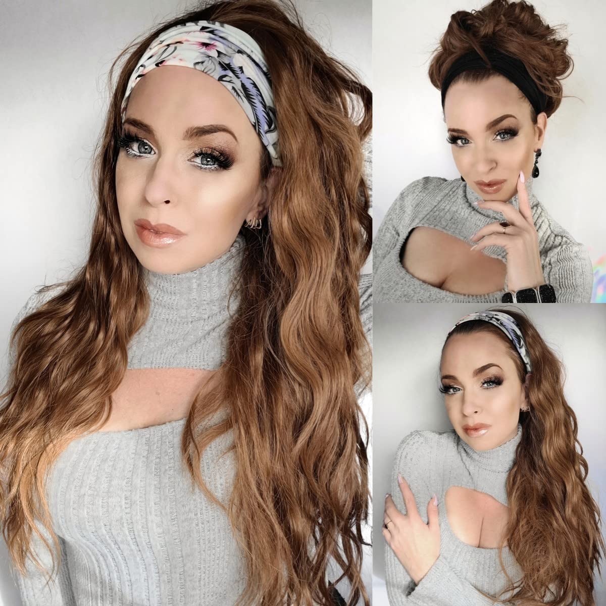 SAPPHIREWIGS Glueless Headband Wig Loose Body Wavy Synthetic Hair Wigs for Black Women Wave None Lace Front Wigs Bright Brown Color Machine Made Wigs 150% Density 26inch