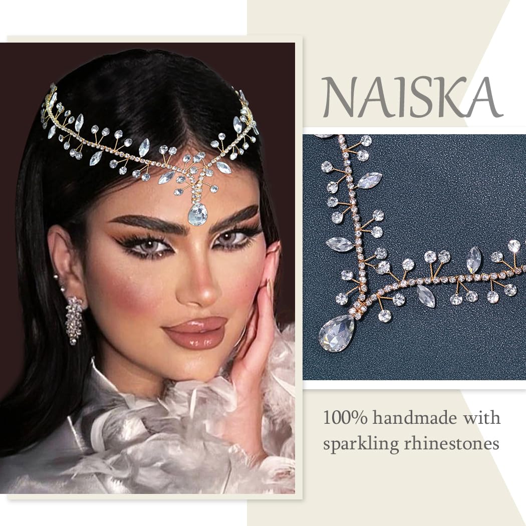 NAISKA Gold Crystal Head Chain Wedding Teardrop Headpiece Bridal Headband Forehead Hair Chain Rhinestone Headpieces Jewelry Prom Costume Hair Accessories for Women and Girls