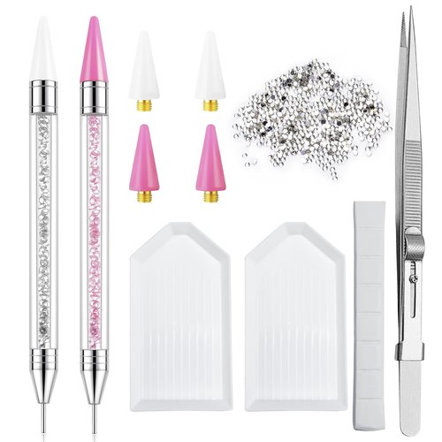 LIGHT RAIN Rhinestone Picker Tool - 2pcs Dual-head Bedazzling Pen with 4 Wax Tips, 8pcs Clay, Adjustable Precision Tweezers, 1400pcs Rhinestones and 2pcs Organizer Tray Kit for Nail Art