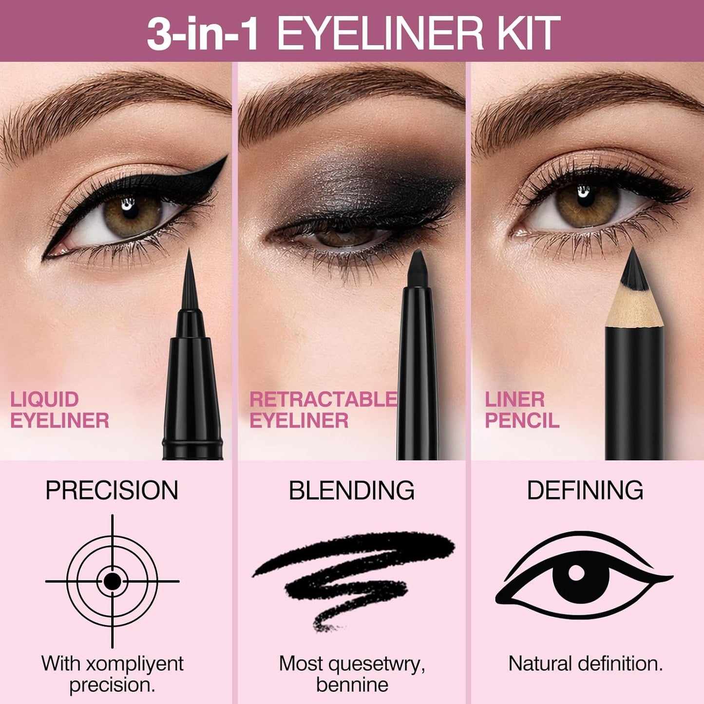 Skiennix Eyeliner Set - 3 In 1 Waterproof Kit with Brown Liquid & Pencil | Long-Lasting, Smudge-Proof