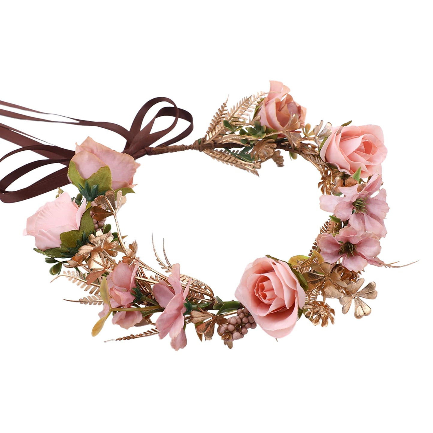 KorViSHOW Flower Crown Women Girls - Golden Leaves Cinnamon Pink Flower Headband Lovely Sweet Hair Wreath for Bridal Maternity Wedding Party Trip Photo Prop