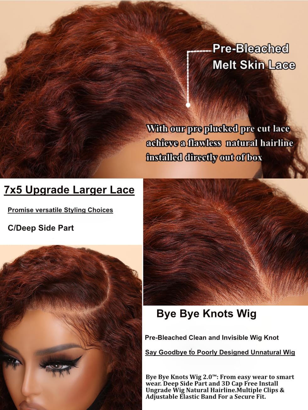 UNICE Bye Bye Knots Glueless Wig 7x5 Pre Cut Lace Front Wigs Human Hair Reddish Brown Deep Curly Invisible Knots Pre Everything Put on and Go Human Hair Wig Pre Plucked 150% Density 16inch