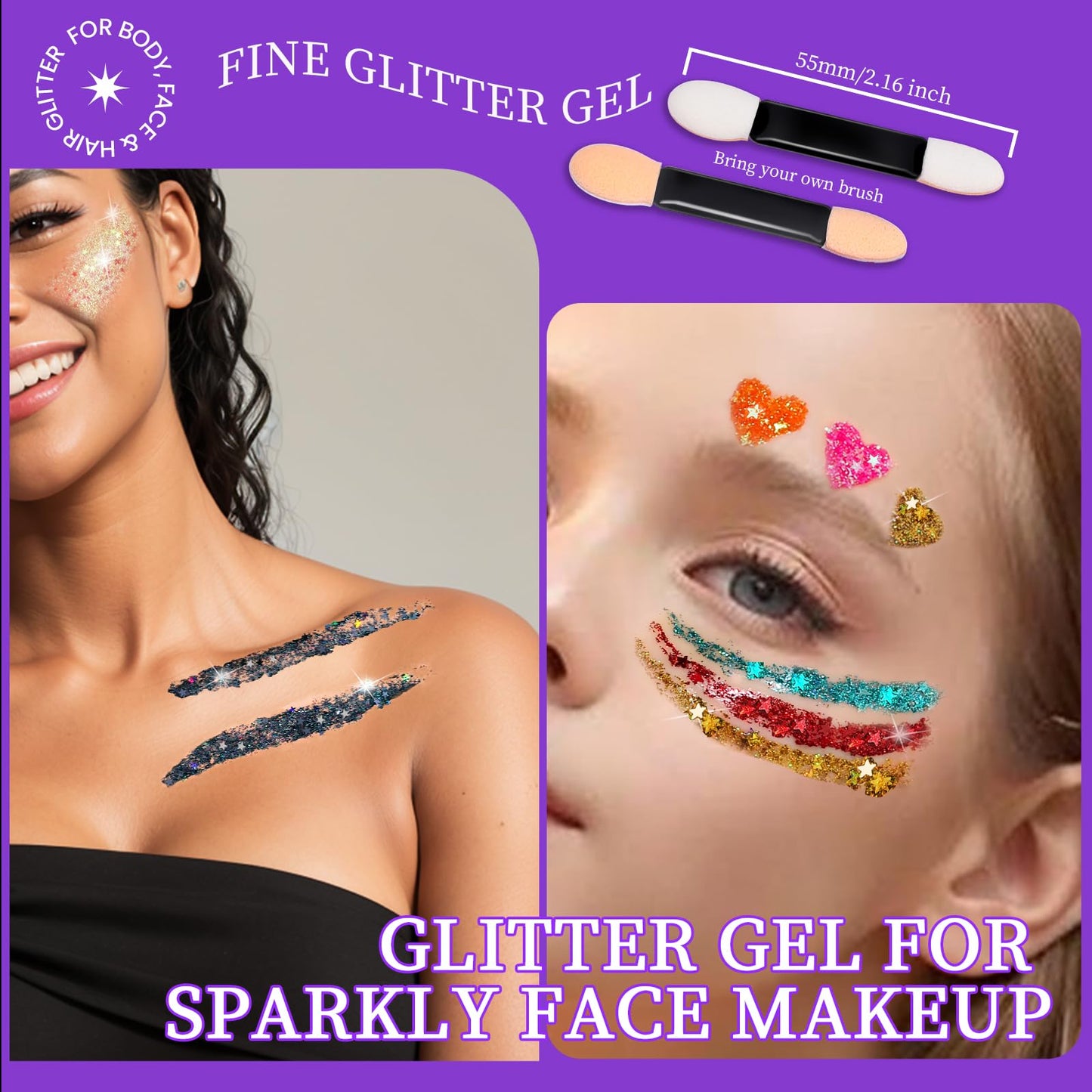 Teenitor Face Glitter Gel Set, No Glue Body Glitter, Festival Makeup Glitter for Face, Body, Hair, Total 120g/4.23oz, 12 Color