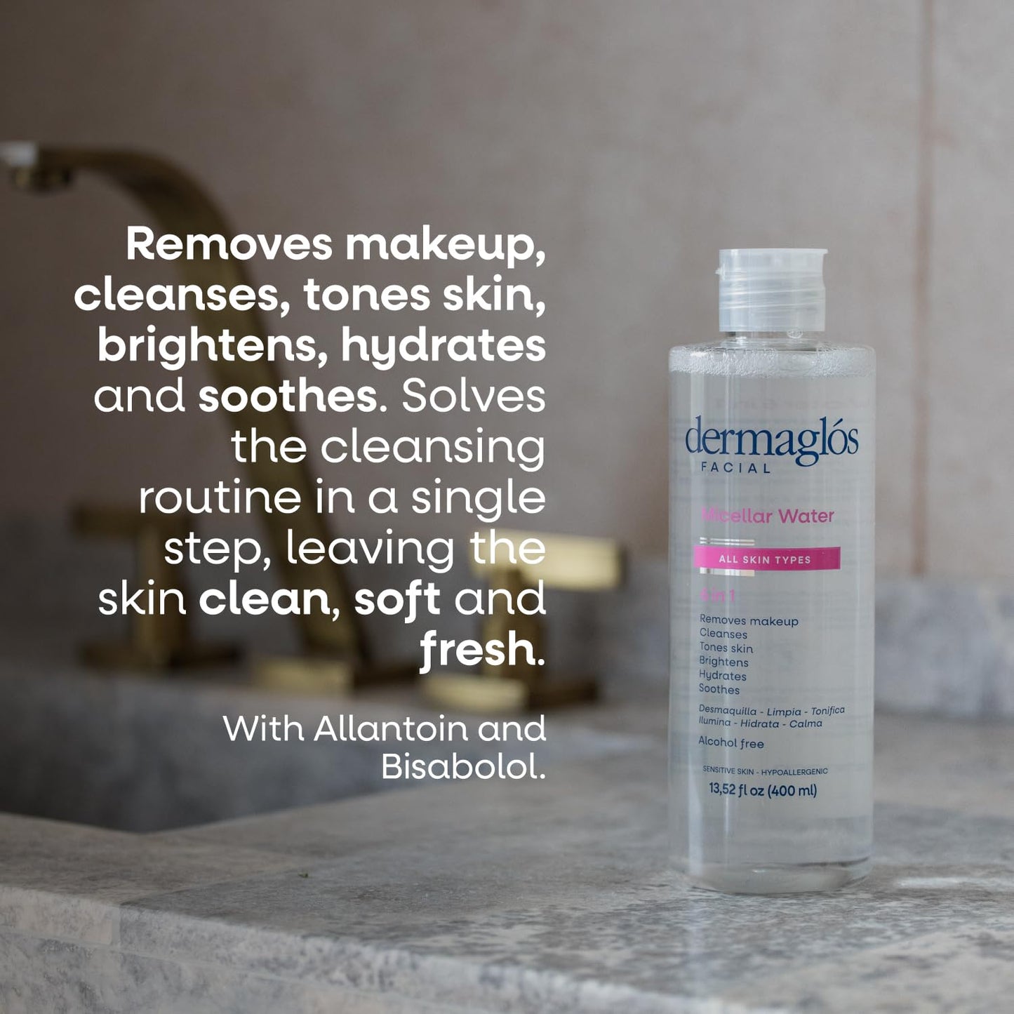 Dermaglos Micellar Water - All-In-One Hydrating Facial Cleanser & Makeup Remover | 13.52 Fl Oz, Alcohol-Free, Soothing Formula