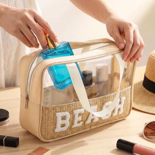 Kajaia Clear Beach Bag - Large Woven Transparent Makeup & Toiletry Storage | Boho Chenille Design - Beige