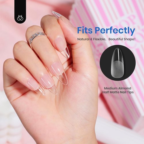 Beetles 12 Sizes Gel Nail Tips 504Pcs Pre Filed Half Matte Medium Almond Full Cover Etch Nail Tips False Fake Clear Acrylic Press on Nails for DIY Nail Extension and Salon Use
