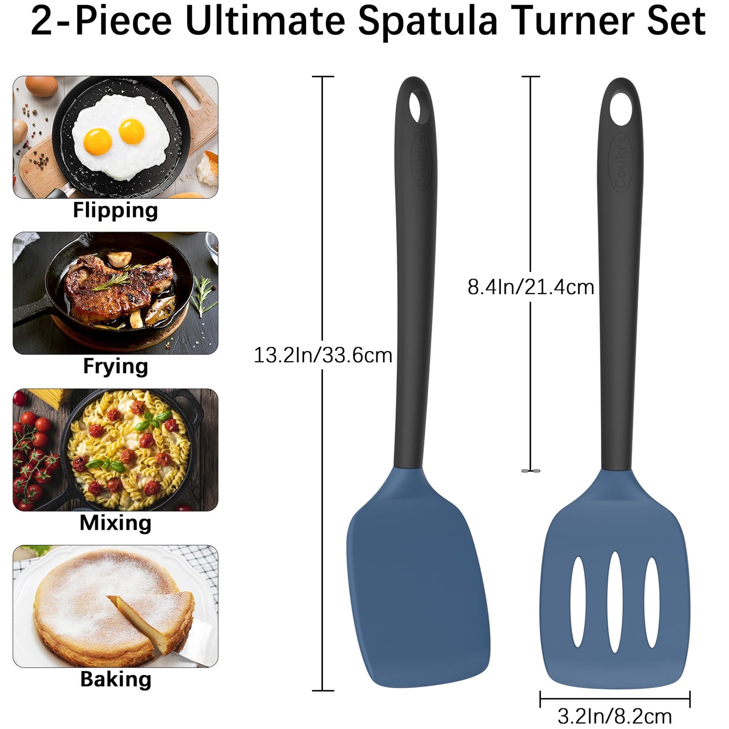 Coukre 2 Pack Silicone Spatula Set, High Heat Resistant, BPA Free Kitchen Spatula, Solid & Slotted Turner for Non-Stick Pans, Sautéing, and Flipping (2, AquaGreen)