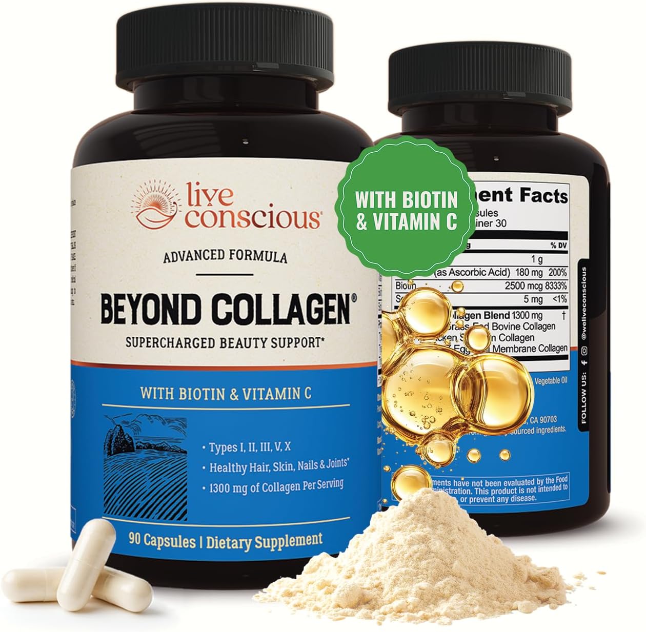 Live Conscious Beyond Collagen Multi Collagen Capsules - Hydrolyzed Blend with Biotin & Vitamin C | 90 Count for Hair, Skin, Nails