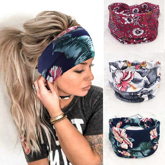 Tayel 3 Pieces Boho Wide Turban Flower Print Headbands Red Knot Elastics Yoga Workout Head Wraps for Women and Girls (Floral 1)